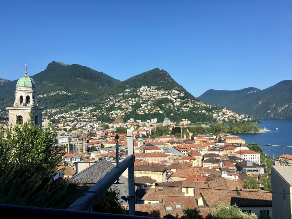 Panoramic view of the Lugano region and surrounding mountains in southern Switzerland